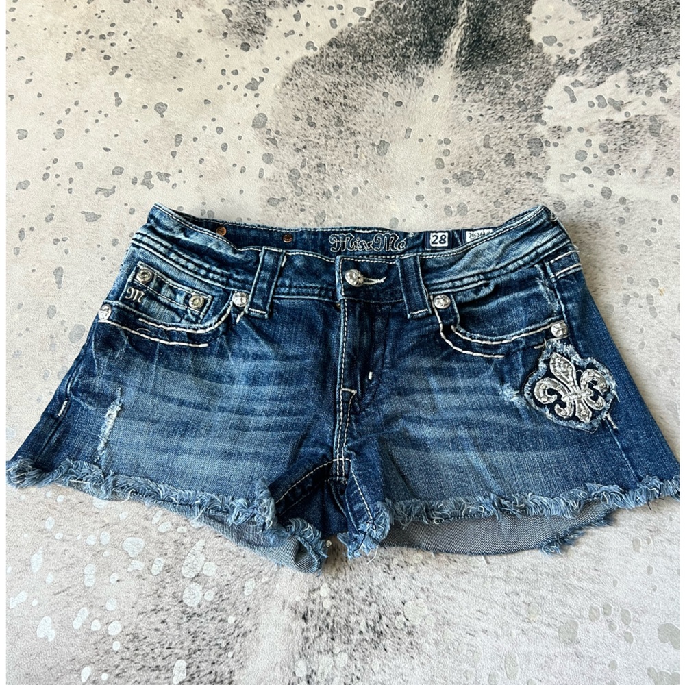 Miss Me Dark Blue Distressed Denim Jean Shorts with Embroidered Fleur-de-Lis